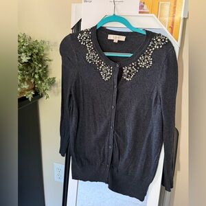 LOFT CHARCOAL EMBELLISHED CARDIGAN - M